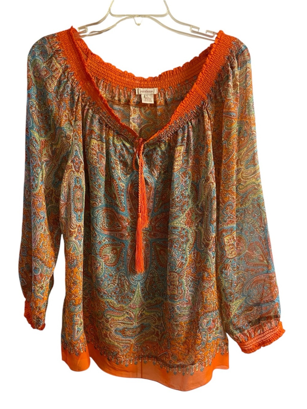 Sundance Silk Chiffon Paisley Tunic Top Off Shoulder Smocked Large - Picture 2 of 7